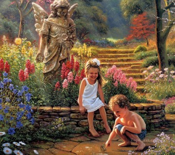 庭の子供たちと蝶 ペットの子供たち Oil Paintings